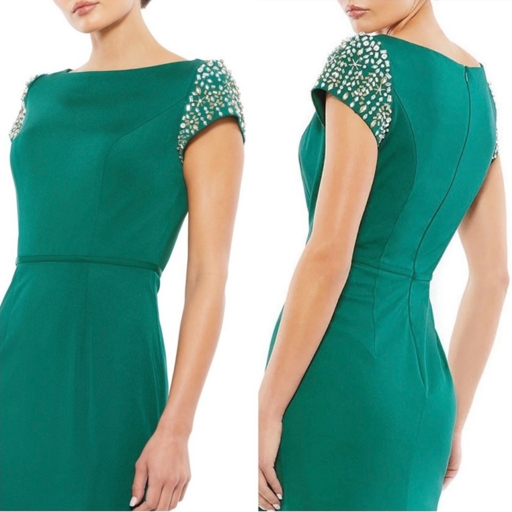 Mac Duggal NWT Women’s Emerald Green Beaded Cap Sleeves Gown size 2 #557… - Picture 2 of 11